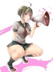  ahoge arm_behind_back black_hair bob_cut breasts covered_nipples danganronpa large_breasts megaphone microskirt naegi_komaru nail_polish naso4 perky_breasts school_uniform serafuku short_hair skirt socks solo squatting thighs tiptoes zettai_zetsubou_shoujo 