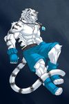  abs anthro belt biceps big_muscles black_fur blue_background blue_eyes body_markings chest_tuft claws clothing fangs feline fliegen80s footwear fur gloves grin hair looking_at_viewer male mammal markings muscles necklace pecs plain_background pose shorts smile solo stripes teeth tiger toe_claws toned topless tuft white_fur white_hair white_tiger 
