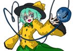 bad_id bad_pixiv_id blue_eyes bow fang green_hair green_skirt hat hat_bow heart heart-shaped_pupils heart_of_string itosiki_zetu komeiji_koishi long_sleeves open_mouth shirt simple_background skirt sleeves_past_wrists smile solo symbol-shaped_pupils third_eye touhou yellow_bow yellow_shirt 