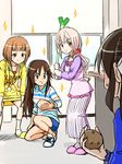  baseball brown_eyes brown_hair green_eyes hair_ornament himekawa_yuki idolmaster idolmaster_cinderella_girls kitami_yuzu long_hair multiple_girls oven_mitts pink_hair potato saionji_kotoka short_hair smile spring_onion tachibana_arisu 