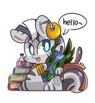 book chubby cute cutie_mark ear_piercing english_text equine female feral friendship_is_magic fur hair jewelry lifeloser mammal mask mohawk my_little_pony open_mouth piercing plain_background sitting smile solo stripes text tongue zebra zecora_(mlp) 