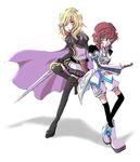  2girls artist_request asbel_lhant blonde_hair blue_eyes blush boots breasts brown_hair cape cleavage coat genderswap hair_between_eyes hair_over_one_eye heterochromia long_hair mikans miniskirt multiple_girls parted_lips ready_to_draw red_eyes richard_(tales_of_graces) short_hair shorts skirt sword tales_of_(series) tales_of_graces thigh_boots thighhighs weapon yellow_eyes 