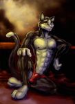  abstract_background barefoot black_fur bleakcat bulge cat crossed_legs feline fur hand_on_knee heterochromia looking_at_viewer male mammal multicolor_fur naughty_face nipples paws sitting solo topless two_tone_fur underwear whiskers white_fur 