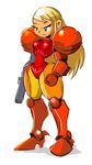  arm_cannon blonde_hair blue_eyes covered_navel long_hair matt_bozon metroid narrow_waist no_headwear no_helmet power_suit samus_aran solo varia_suit weapon white_background 