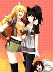  absurdres anger_vein black_hair blake_belladonna blonde_hair blush bow c: casual contemporary heart highres long_hair multiple_girls ruby_rose rwby short_hair smile thighhighs untold weiss_schnee white_hair yang_xiao_long yellow_eyes 