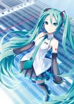  boots detached_sleeves green_eyes green_hair hatsune_miku hatsune_miku_(vocaloid3) headset ixima long_hair nail_polish necktie skirt smile solo thigh_boots thighhighs twintails very_long_hair vocaloid 