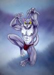  abstract_background big_eyes bleakcat bulge cat claws clothing feline fur green_eyes grey_fur jumping looking_at_viewer male mammal motion_blur muscles nipples pecs simple_background solo teeth toe_claws tooth topless underwear whiskers 