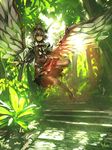  animal_ears brown_dress brown_legwear day dress forest full_body hat highres melon22 mystia_lorelei nature outdoors outstretched_hand pantyhose pink_hair purple_eyes short_hair signature solo stairs sunlight touhou wings 