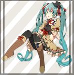  aqua_eyes aqua_hair bad_id bad_pixiv_id boots ennui_heiwa_miku gloves hair_ribbon hand_on_own_chest hat hatsune_miku highres knee_boots long_hair moi_(mo_i45) open_mouth pantyhose ribbon sitting solo striped striped_background twintails very_long_hair vocaloid 