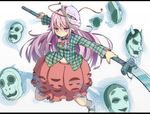  baron_(x5qgeh) bow bubble_skirt expressionless face_mask fox_mask hannya hata_no_kokoro letterboxed long_hair long_sleeves looking_at_viewer mask monkey_mask naginata navel noh_mask oni_mask outstretched_arms pink_eyes pink_hair plaid plaid_shirt polearm shirt skirt solo touhou very_long_hair weapon wide_sleeves 