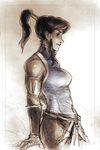  armlet avatar_(series) bare_shoulders black_hair blue_eyes breasts dark_skin hair_tubes highres korra long_hair looking_down medium_breasts ponytail psuede sketch smile solo the_legend_of_korra toned topknot vambraces 