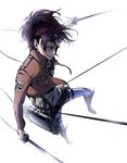  androgynous belt boots brown_hair dual_wielding emblem full_body goggles goggles_on_head hange_zoe holding jacket marichi paradis_military_uniform ponytail shingeki_no_kyojin solo survey_corps_(emblem) sword thigh_strap three-dimensional_maneuver_gear weapon white_background 