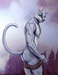  anthro biceps big_eyes black_nose bleakcat blue_fur butt cat claws fangs feline fur green_eyes grey_fur looking_at_viewer male mammal muscles nipples pecs pose solo standing teeth tooth topless undressing whiskers 