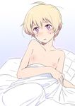  ahoge bad_id bad_pixiv_id blonde_hair haru_(tsuritama) male_focus naruko_(nalcoro) nude open_mouth purple_eyes solo tears tsuritama under_covers 