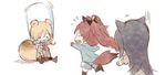  akemi_homura animal_ears black_hair blonde_hair cat_ears crying cutoff_jeans cutoffs die_(die0118) drill_hair fang from_behind gloom_(expression) jar kemonomimi_mode long_hair mahou_shoujo_madoka_magica multiple_girls open_mouth pantyhose red_hair sakura_kyouko school_uniform shorts simple_background sitting sweatdrop tears tomoe_mami white_background 