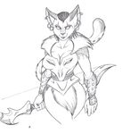  black_and_white bow breasts cleavage clothed clothing dreadlocks ear_piercing feline female greyscale joey-darkmeat khajiit mammal monochrome piercing plain_background smile the_elder_scrolls the_elder_scrolls_v:_skyrim unconvincing_armor video_games weapon wide_hips 