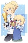  androgynous bad_id bad_pixiv_id blonde_hair blue_eyes blush danball_senki danball_senki_wars dual_persona hoshihara_hikaru male_focus medal multiple_boys naruko_(nalcoro) ponytail time_paradox trophy younger 