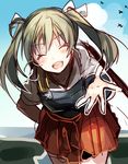  :d ^_^ closed_eyes facing_viewer hair_ribbon hand_on_hip kantai_collection muneate nochita_shin open_mouth outstretched_hand ribbon skirt smile solo twintails zuikaku_(kantai_collection) 