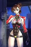  1girl amber artist_request asuka asuka_(crimson_tears) belt brown_eyes brown_hair cameltoe capcom covered_nipples crimson_tears erect_nipples fingerless_gloves gloves leotard looking_at_viewer ponytail short_hair 