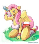 anthro anthrofied blue_eyes blush bottle breasts cutie_mark equine female fluttershy_(mlp) friendship_is_magic fur hair horse long_hair mammal my_little_pony open_mouth pegasus pink_hair pony solo sweatband tongue water wings yellow_fur zwitterkitsune 
