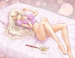  barefoot bed daniel9140 fate/kaleid_liner_prisma_illya fate_(series) illyasviel_von_einzbern kaleidostick legs long_hair lying magical_ruby midriff no_pants on_back panties pillow red_eyes solo underwear wand white_hair 