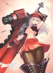  1girl alisa_ilinichina_amiella armpits blue_eyes boots breasts cabbie_hat crotch_seam elbow_gloves fingerless_gloves from_below gloves god_eater god_eater_burst gun hat highres huge_weapon large_breasts long_hair looking_at_viewer looking_down midriff navel panties panties_under_pantyhose pantyhose pantyshot pantyshot_(standing) plaid plaid_skirt skirt solo standing strap_slip suspender_skirt suspenders sword thigh_boots thigh_gap thighhighs underboob underwear vest weapon white_hair 