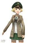  2013 artist_name blonde_hair bow brown_eyes dated erwin_(girls_und_panzer) girls_und_panzer green_skirt hat highres jacket kanokoga military military_uniform ooarai_school_uniform open_mouth school_uniform short_hair simple_background skirt solo uniform white_background 