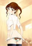  animal_print ass back-print_panties bear_panties bear_print blush brown_eyes brown_hair butt_crack hair_ribbon highres long_hair looking_back no_pants original panties panty_pull print_panties pursed_lips ribbon shiun solo thighhighs twintails underwear wet wet_clothes 