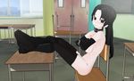  1girl 3d_custom_girl arm_gloves black_hair blush boots bottomless chair choker classroom collar crossed_arms desk grin long_hair nude sitting smile thighhighs topless 