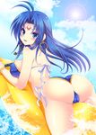  ass banana_boat bikini blue_eyes blue_hair breasts cameltoe covered_nipples earrings facial_mark hoop_earrings jewelry large_breasts lipstick long_hair lying magical_halloween makeup ocean on_stomach rosemary_bergamot solo swimsuit thong_bikini tokinon water 