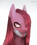  blood equine eyeshadow female feral friendship_is_magic frown fur hair hair_over_eye hair_over_eyes horse imalou long_hair looking_at_viewer makeup mammal medical_mask my_little_pony pink_eyes pink_fur pink_hair pinkamena_(mlp) pinkie_pie_(mlp) plain_background pony simple_background solo white_background 