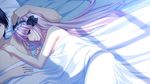  1boy 1girl bed game_cg miyamori_korone narumi_suzune nude pillow pink_hair purple_eyes tojita_sekai_no_tori_colony 