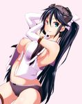  adjusting_hair areola_slip areolae black_panties blush breasts elbow_gloves gloves green_eyes hair_ribbon hairband highres isuzu_(kantai_collection) kaizuka kantai_collection large_breasts long_hair mouth_hold nipples panties ribbon simple_background smile solo thighhighs twintails underwear white_gloves white_legwear 