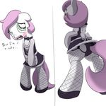 blush bow candy_prancer clothing crossdressing dialog english_text equine feral fishnet full_stop fur girly green_eyes hair horse legwear looking_back male mammal my_little_pony original_character pony purple_hair solo stockings text white_fur 