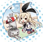  anchor black_panties blonde_hair blush boots chibi elbow_gloves fan_speaking gloves grey_footwear hair_ornament hairband highleg highleg_panties jitome kantai_collection lifebuoy long_hair navel open_mouth panties rensouhou-chan shimakaze_(kantai_collection) sitting skirt solo striped striped_legwear tatami thighhighs translated underwear v_arms wariza wind_chime yume_no_owari 