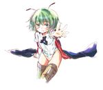  antennae aqua_eyes bad_id bad_pixiv_id blush cape green_hair kuromame_(8gou) no_pants outstretched_arm outstretched_hand panties shirt solo striped striped_panties thighhighs touhou underwear wriggle_nightbug 
