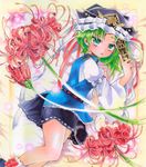  :o anor arm_up border flower green_eyes green_hair hand_on_own_chest hat hat_ribbon light_particles long_sleeves looking_at_viewer marker_(medium) millipen_(medium) puffy_sleeves ribbon rod_of_remorse shiki_eiki short_hair skirt solo spider_lily touhou traditional_media vest 