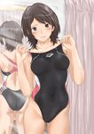  amagami arena_(company) ass back_cutout black_eyes black_hair blush competition_swimsuit covered_navel highres keisuke_(0320030103200301) mirror one-piece_swimsuit reflection short_hair swimsuit takahashi_maya 