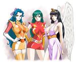  angel angel_wings arm armpits arms arms_behind_back bed belt black_eyes black_hair blue_eyes blue_hair bodysuit breasts choker choudenji_machine_voltes_v choudenji_robo_combattler_v contrapposto covered_nipples crown daimos dress elbow_gloves erika_(daimos) feathered_wings gloves green_eyes green_hair hand_on_hip hime_cut large_breasts long_hair multiple_girls nanbara_chizuru oka_megumi sabachiyo_land side_slit sideboob skin_tight sleeveless sleeveless_turtleneck smile standing thighhighs turtleneck uniform white_wings wings 