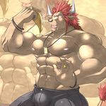  &lt;3 abs anthro biceps big big_muscles blush bovine bracelet brown_fur bulge cattle clothed clothing dog_tags drooling facial_piercing food fur grin hair half-dressed happy horn jewelry long_hair madcow100 male mammal muscles navel necklace nipples nose_piercing nose_ring open_mouth pants pecs piercing pizza pose reclamon red_hair ring saliva smile solo standing toned tongue topless trahern zoom_layer 