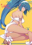  aqua_eyes ass bare_shoulders blush copyright_name dark_skin dougan_calpis_con earrings grey_hair jewelry legs long_hair looking_at_viewer open_mouth panties pantylines ponytail sangoku_hime sangoku_hime_3 shiny shiny_skin shoes sitting solo soukou_shiren underwear white_panties 