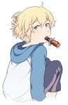  bad_id bad_pixiv_id blonde_hair blush chocolate chocolate_bar food food_in_mouth haru_(tsuritama) hood hoodie male_focus naruko_(nalcoro) purple_eyes tsuritama 