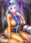  blue_hair blush bodysuit boots breasts covered_nipples dragon_quest dragon_quest_iii finger_to_mouth gloves large_breasts long_hair mitre orange_bodysuit priest_(dq3) red_eyes sgk sideboob sitting solo wariza 