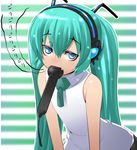  blue_eyes fang green_hair hatsune_miku headphones horizontal-striped_background kara_age long_hair microphone mouth_hold solo striped striped_background twintails vocaloid 