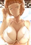  bare_shoulders bikini breasts brown_eyes brown_hair eyebrows hair_ornament hairclip kantai_collection kozy large_breasts myoukou_(kantai_collection) short_hair smile solo swimsuit upper_body 