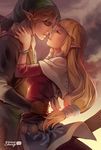  1girl blonde_hair blue_eyes commentary finni_chang gloves hat imminent_kiss jewelry link long_hair low-tied_long_hair pointy_ears princess_zelda the_legend_of_zelda the_legend_of_zelda:_skyward_sword 