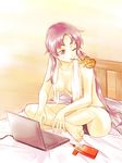  bare_legs barefoot bed black_panties breasts cleavage computer feet food indian_style laptop long_hair medium_breasts mirai_nikki ndo2 on_bed one_eye_closed panties pocky purple_eyes purple_hair sitting solo squirrel toes towel towel_around_neck underwear uryuu_minene 