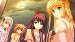  1boy 4girls arihara_nodoka blonde_hair blue_eyes brown_hair game_cg kagami_inori miyamori_korone multiple_girls narumi_suzune pink_hair purple_eyes purple_hair shijo_yuki tojita_sekai_no_tori_colony 