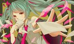  artist_name bad_id bad_pixiv_id detached_sleeves foreshortening green_hair hatsune_miku long_hair mai_mugi mousou_zei_(vocaloid) necktie orange_eyes outstretched_arm paper solo twintails vocaloid 