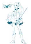  boots copyright_name dress full_body holding holding_sword holding_weapon jewelry left-handed long_hair monochrome myrtenaster necklace no_scar ponytail rapier rwby shinoasa solo sword weapon weiss_schnee white_background 